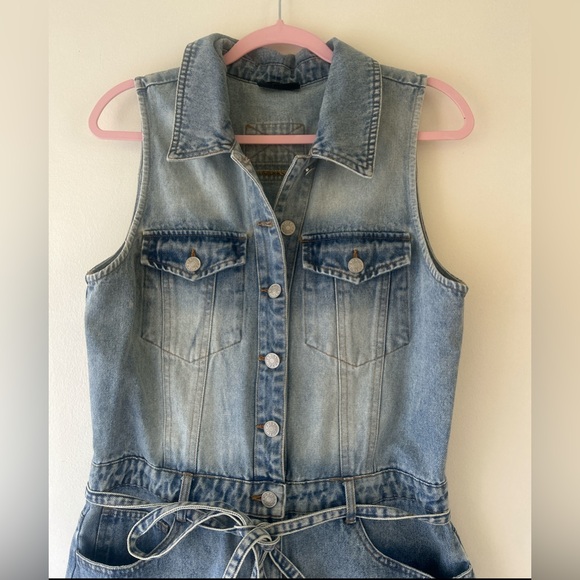 Vince Light Blue Denim Sleeveless Romper with Tie Waist - Picture 3 of 16